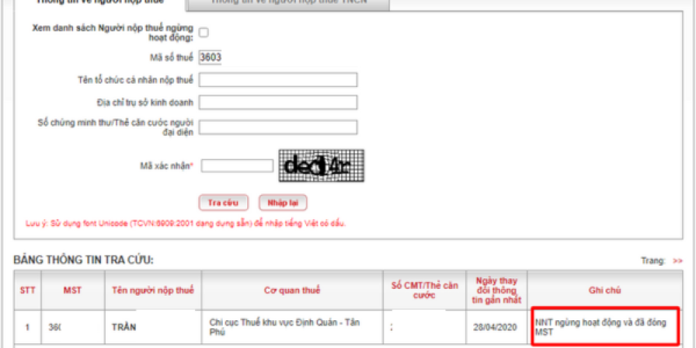 Danh mục trạng thái mã số thuế